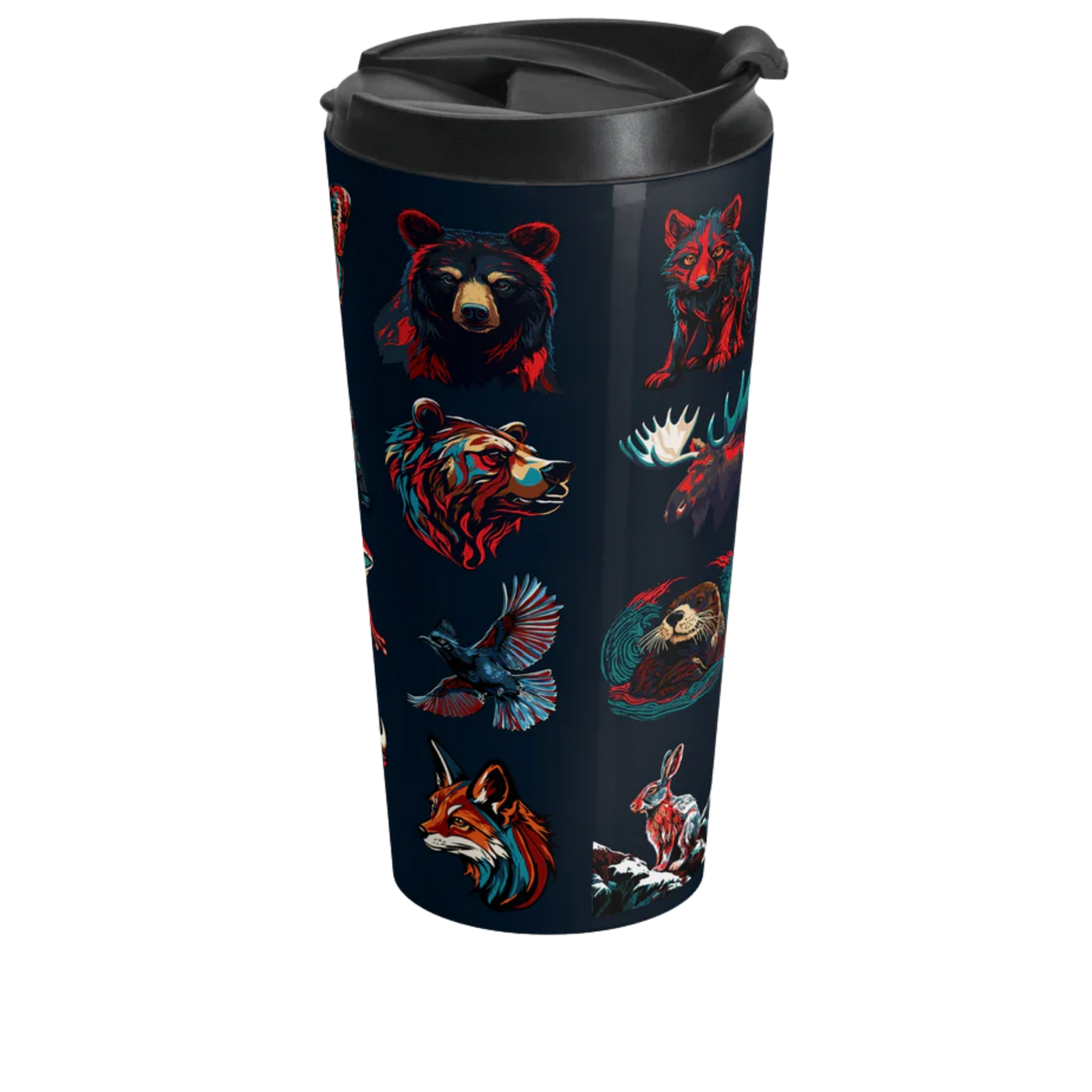 Hand-drawn Alaska Native inspired icons gallery - stainless steel travel mug — original Indigenous wildlife design