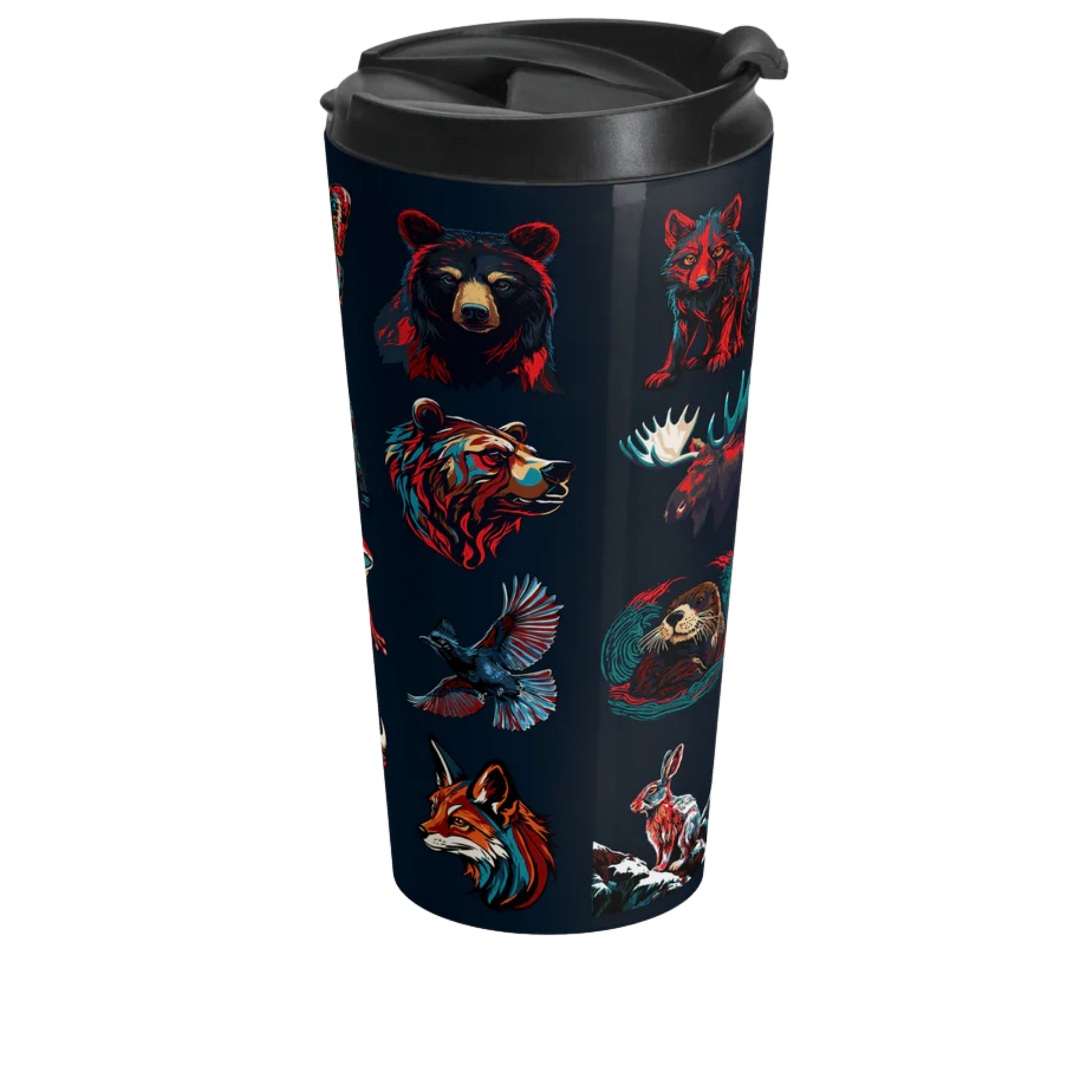 Hand-drawn Alaska Native inspired icons gallery - stainless steel travel mug — original Indigenous wildlife design