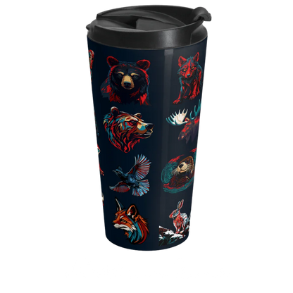 Hand-drawn Alaska Native inspired icons gallery - stainless steel travel mug — original Indigenous wildlife design
