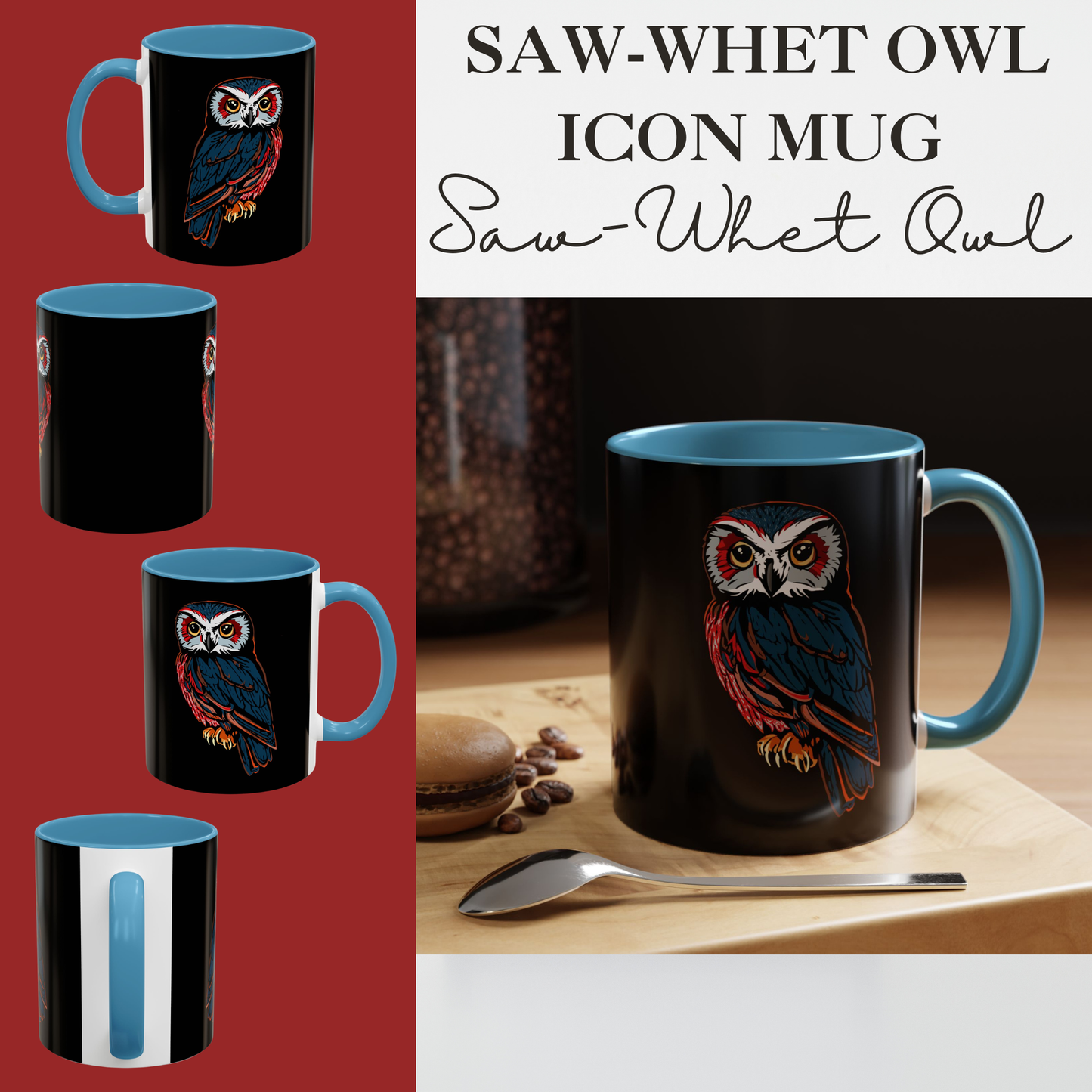 Hand-drawn Alaska Native inspired saw-whet owl mug — original Indigenous wildlife design — close-up of the design detail