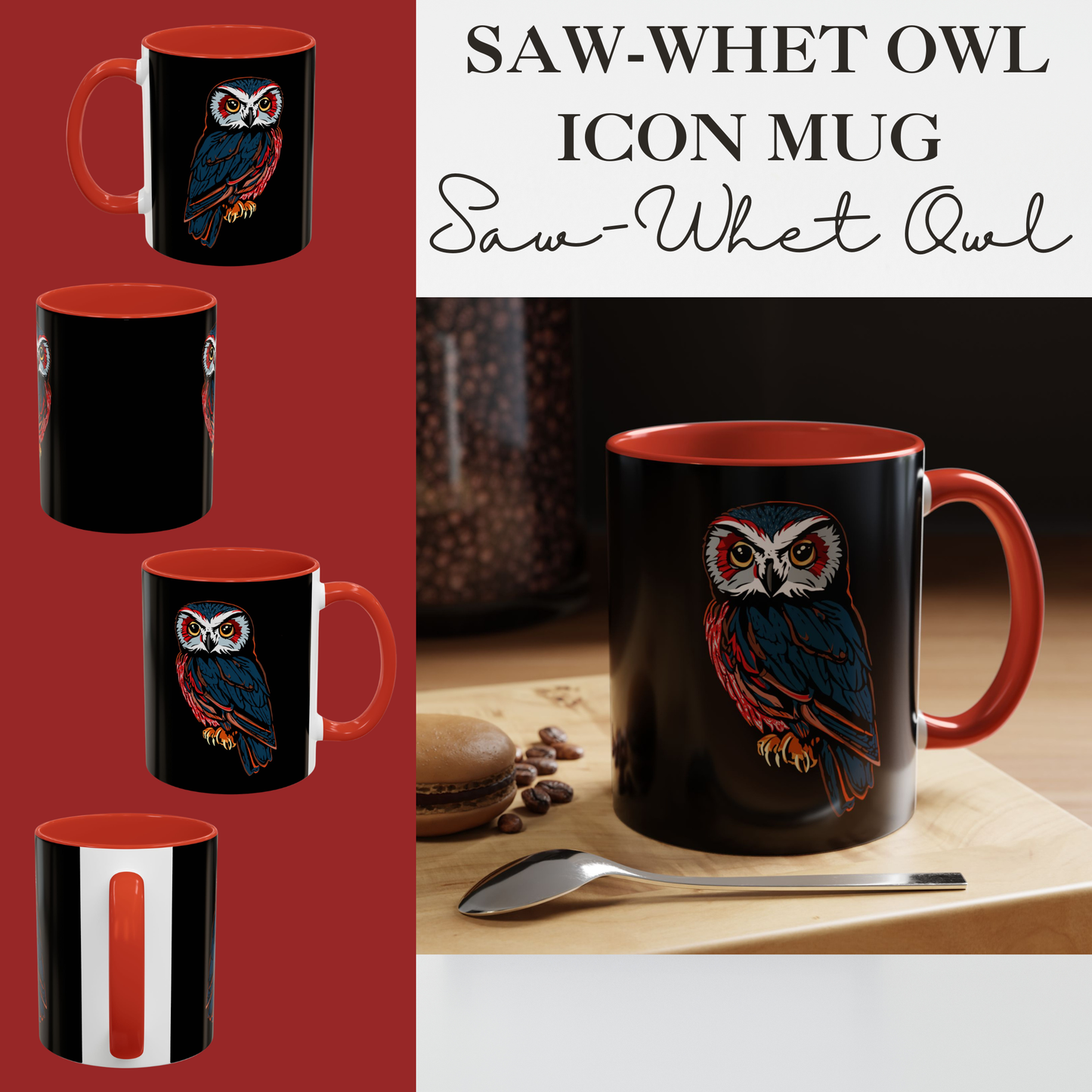 Hand-drawn Alaska Native inspired saw-whet owl mug — original Indigenous wildlife design — back view