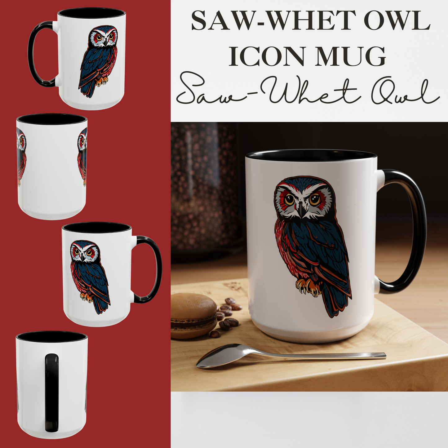 Hand-drawn Alaska Native inspired saw-whet owl mug — original Indigenous wildlife design — shown from a different angle