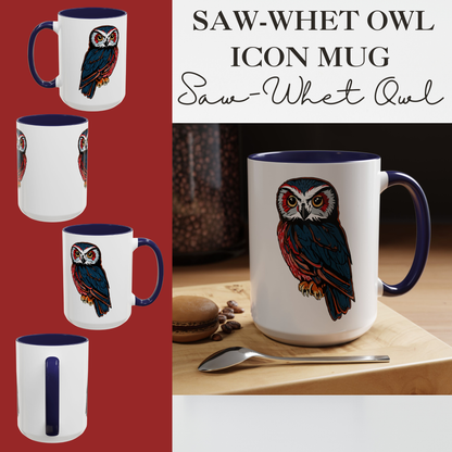 Hand-drawn Alaska Native inspired saw-whet owl mug — original Indigenous wildlife design — styled product photo