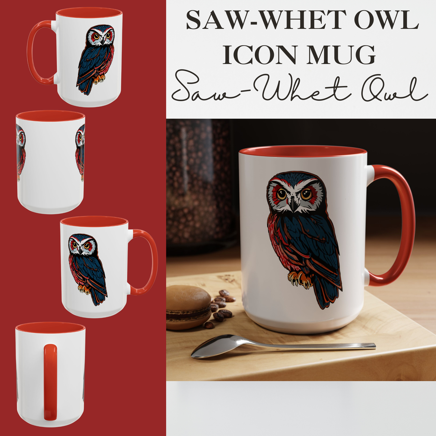 Hand-drawn Alaska Native inspired saw-whet owl mug — original Indigenous wildlife design — shown in an alternate colorway