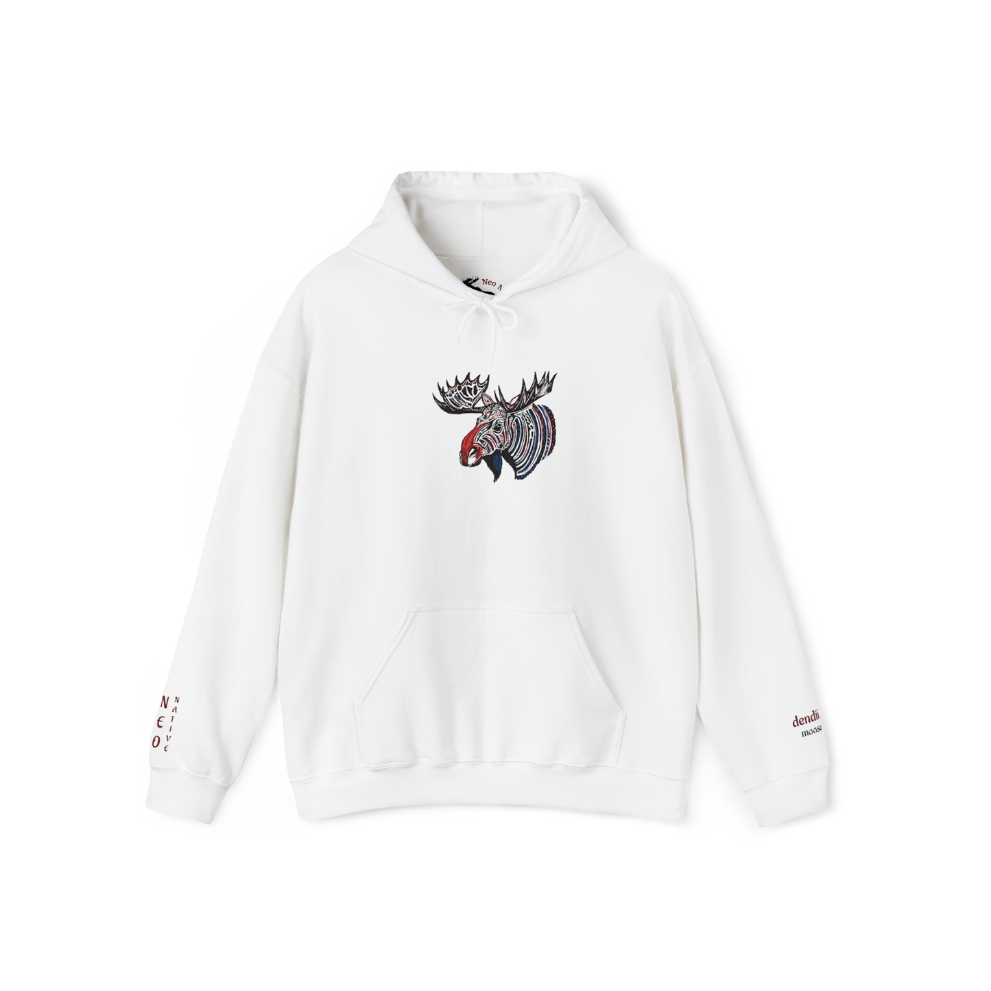 Hand-drawn Alaska Native inspired tribal moose hoodie — original Indigenous wildlife design