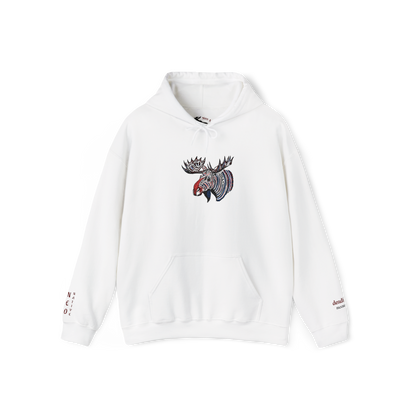 Hand-drawn Alaska Native inspired tribal moose hoodie — original Indigenous wildlife design