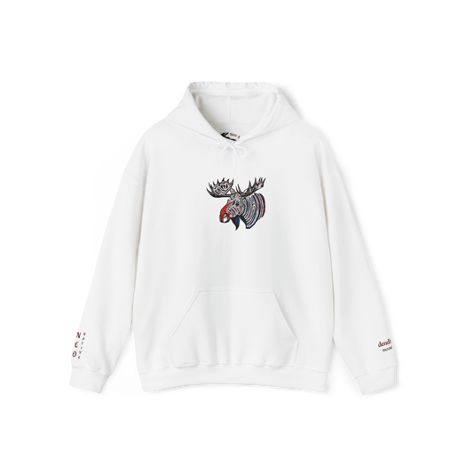 Hand-drawn Alaska Native inspired tribal moose hoodie — original Indigenous wildlife design