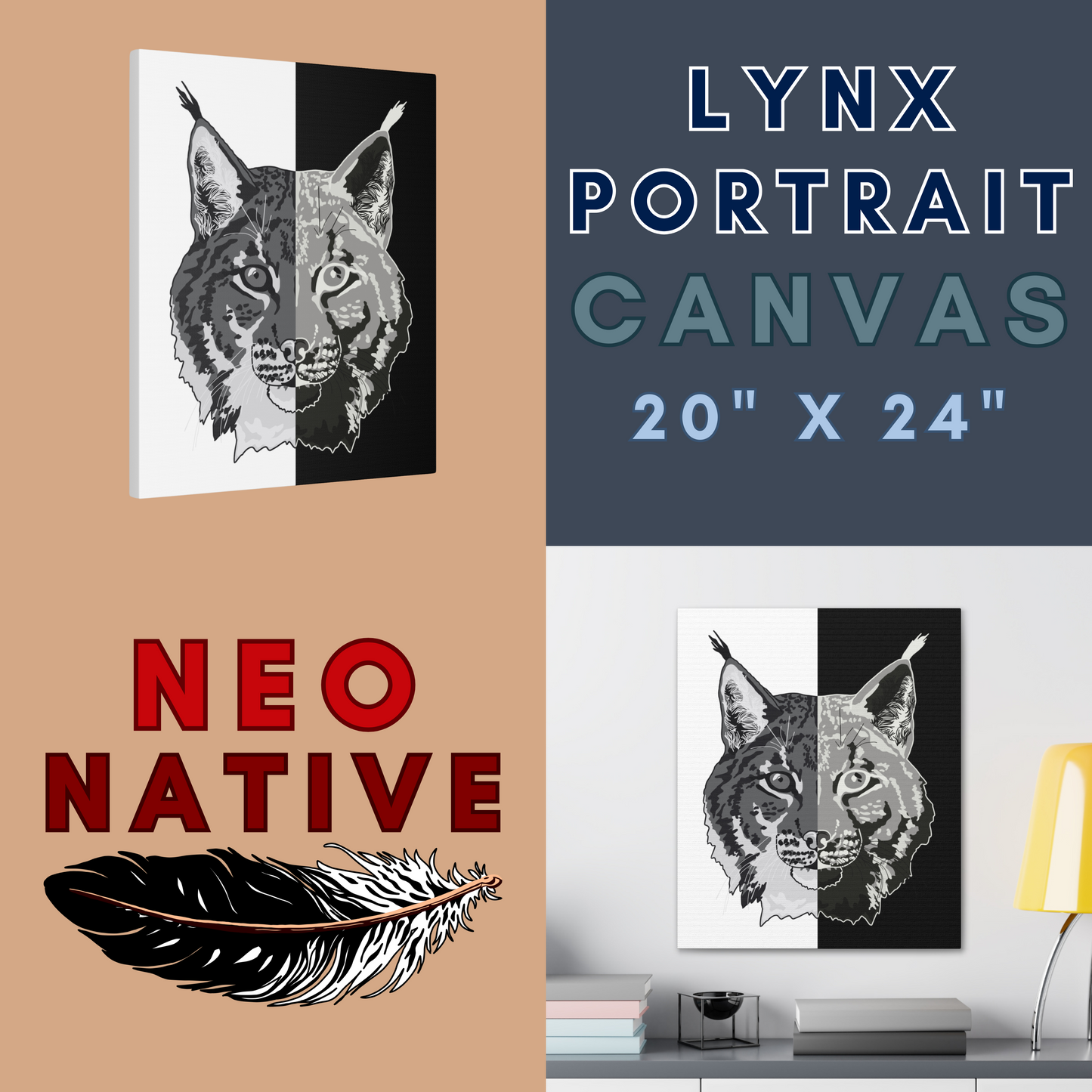 Lynx Black & White Portrait Canvas