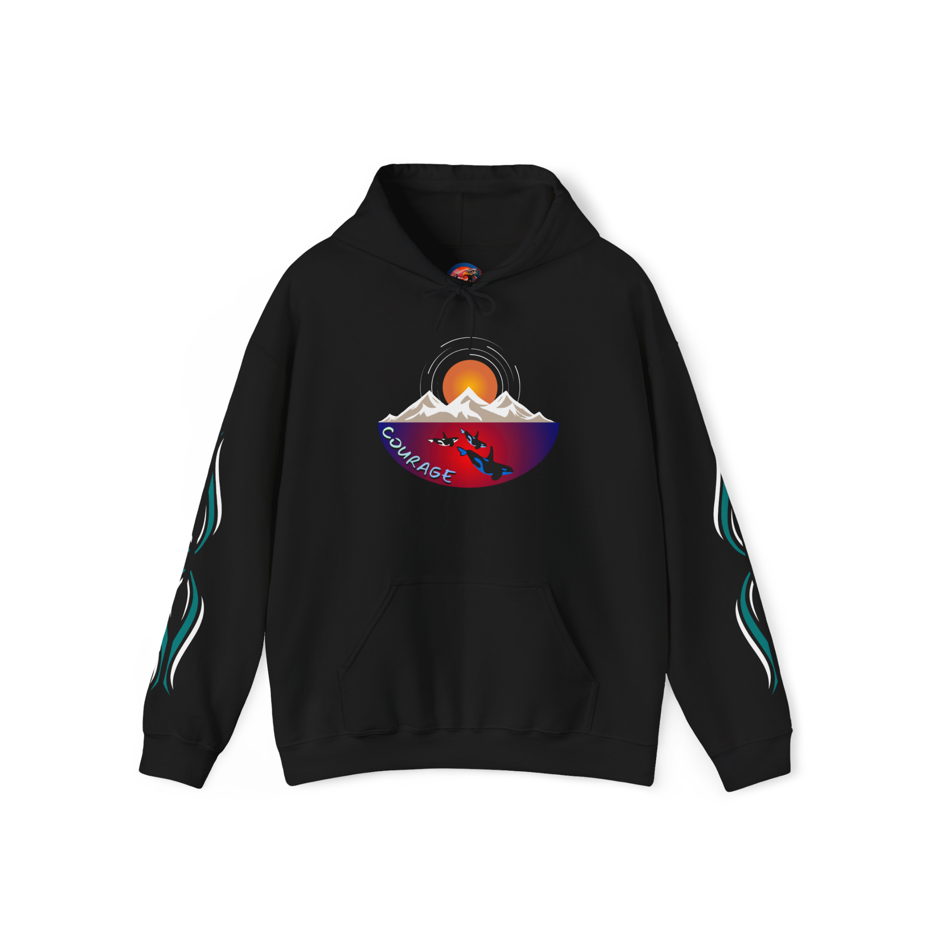 Hand-drawn 'Courage' word art hoodie inspired by Alaska Native design traditions
