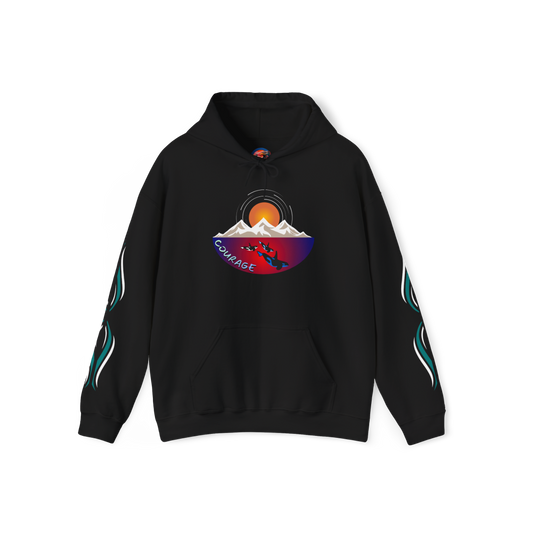 Hand-drawn 'Courage' word art hoodie inspired by Alaska Native design traditions