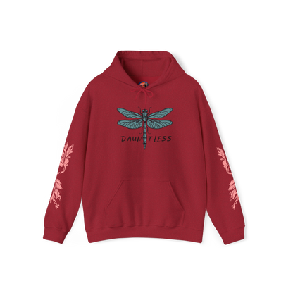 Hand-drawn 'Dauntless' word art hoodie inspired by Alaska Native design traditions