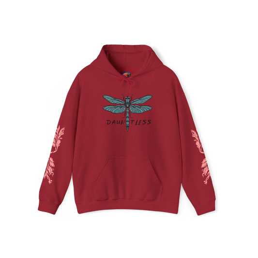 Hand-drawn 'Dauntless' word art hoodie inspired by Alaska Native design traditions