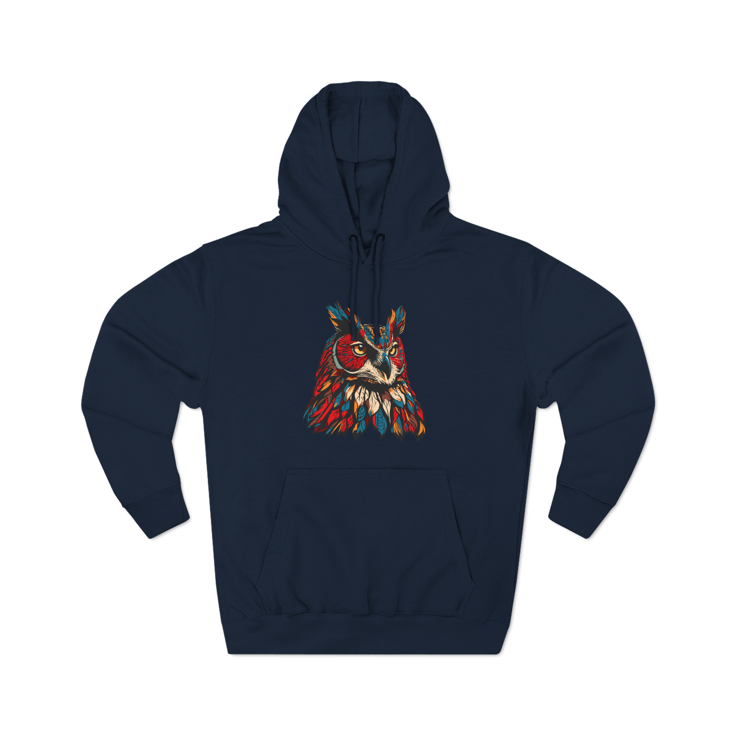 Hand-drawn Alaska Native inspired great horned owl hoodie — original Indigenous wildlife design