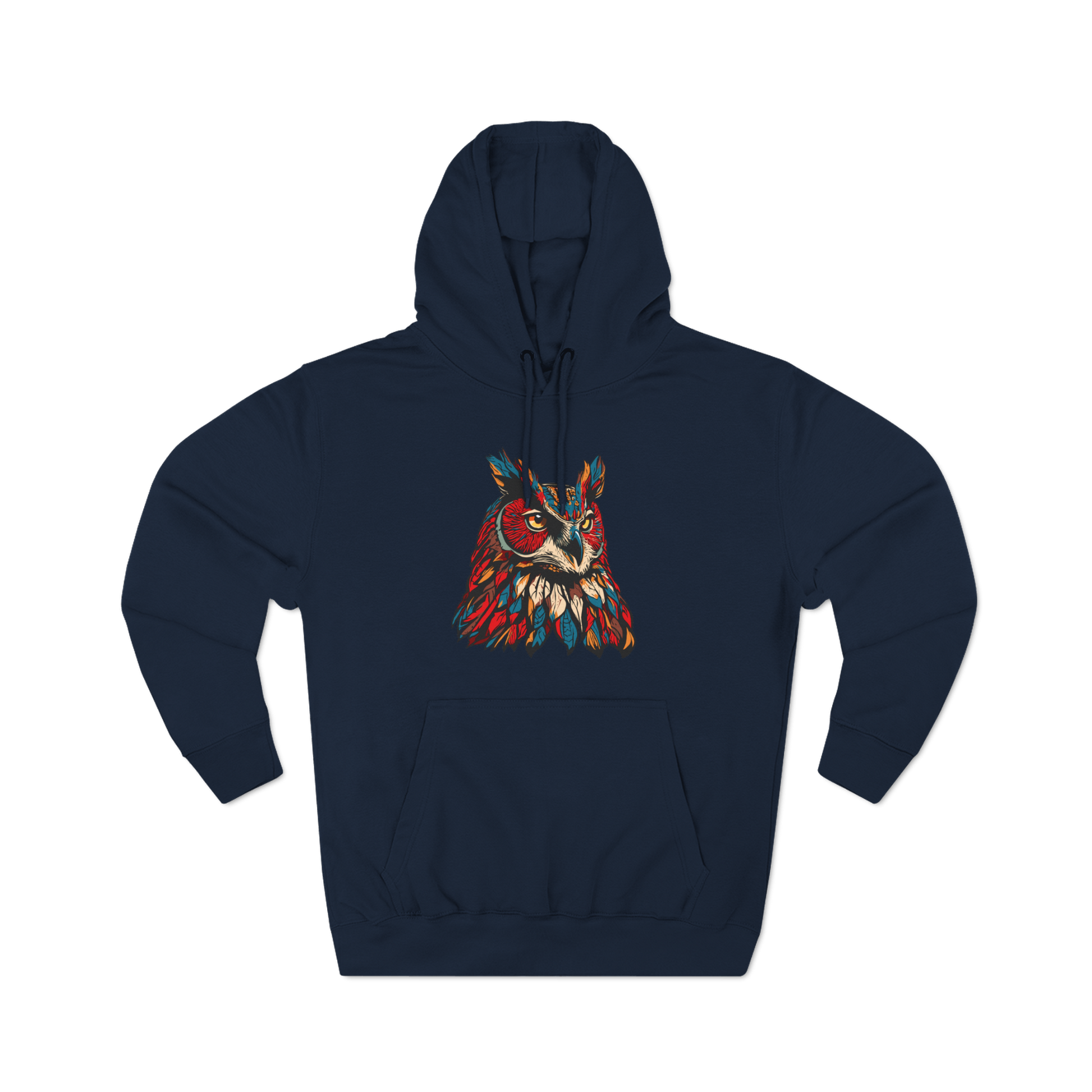 Hand-drawn Alaska Native inspired great horned owl hoodie — original Indigenous wildlife design