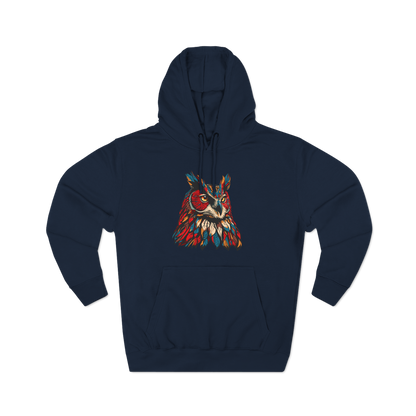 Hand-drawn Alaska Native inspired great horned owl hoodie — original Indigenous wildlife design
