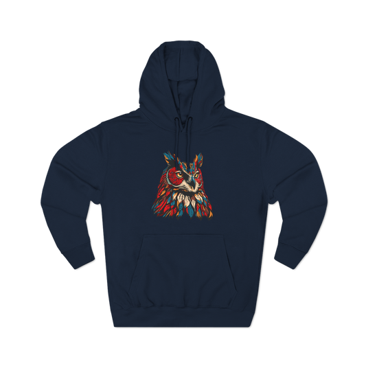 Hand-drawn Alaska Native inspired great horned owl hoodie — original Indigenous wildlife design