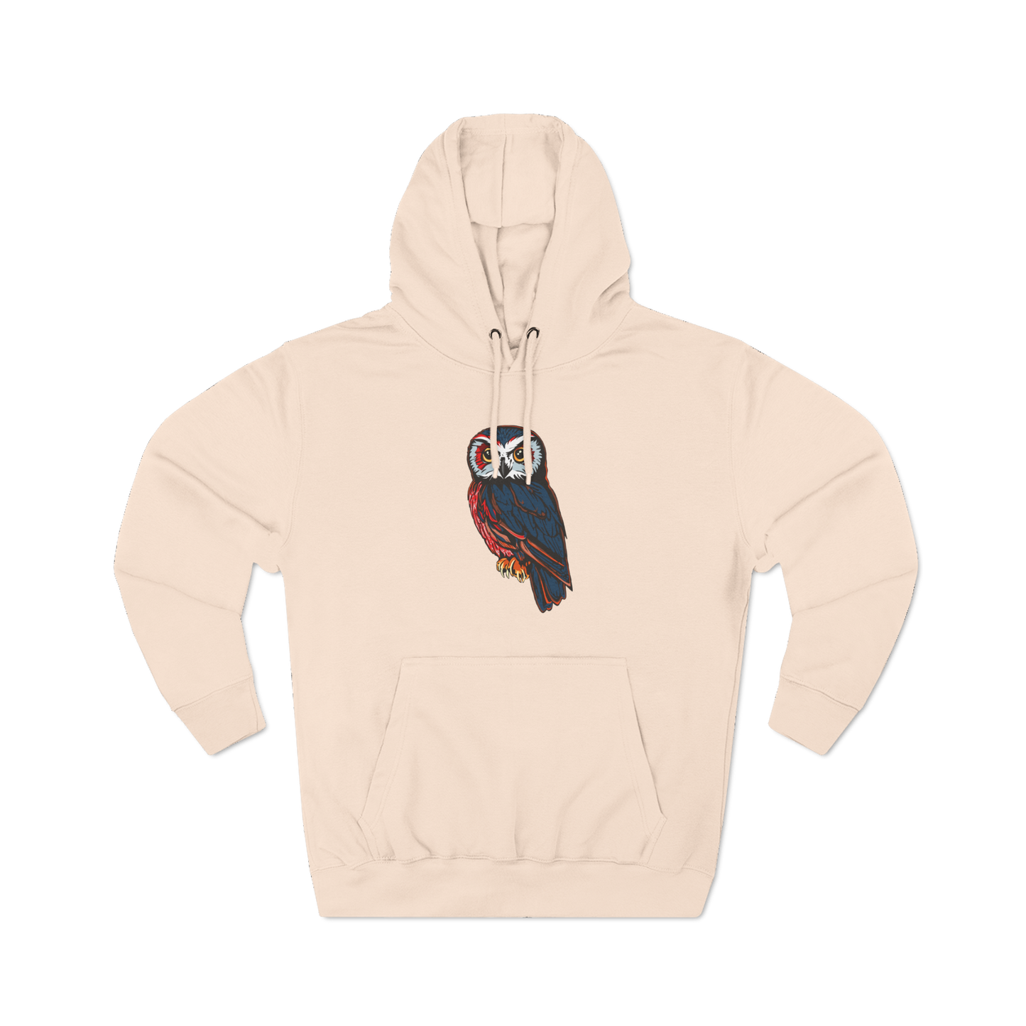 Hand-drawn Alaska Native inspired saw-whet owl hoodie — original Indigenous wildlife design