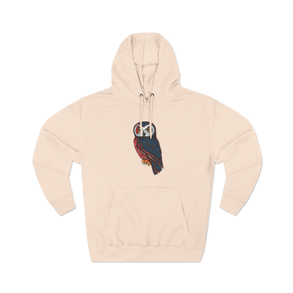 Hand-drawn Alaska Native inspired saw-whet owl hoodie — original Indigenous wildlife design