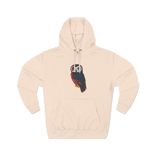 Hand-drawn Alaska Native inspired saw-whet owl hoodie — original Indigenous wildlife design