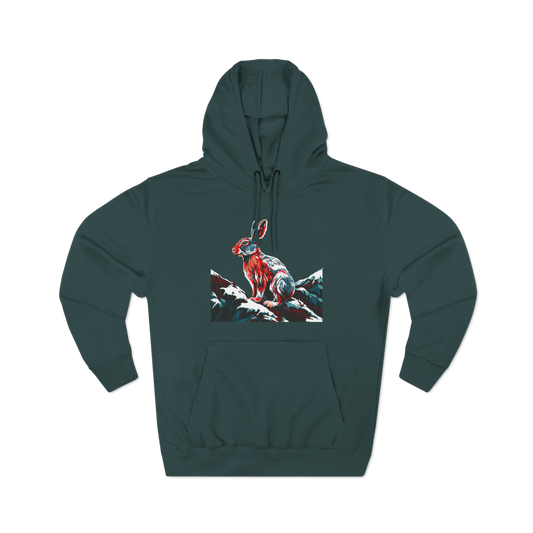Hand-drawn Alaska Native inspired snowshoe hare hoodie — original Indigenous wildlife design