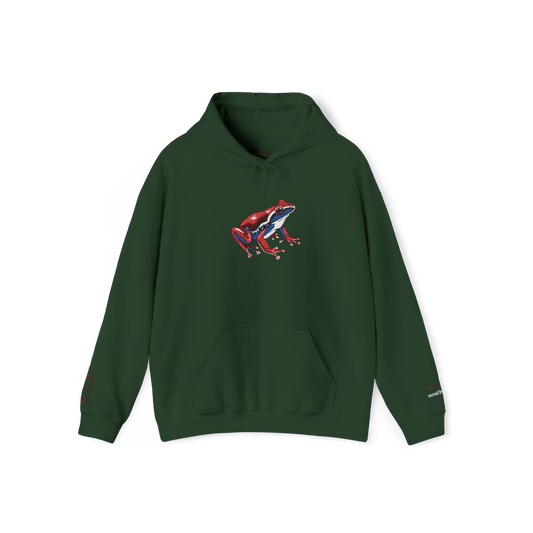 Hand-drawn Alaska Native inspired wood frog hoodie — original Indigenous wildlife design
